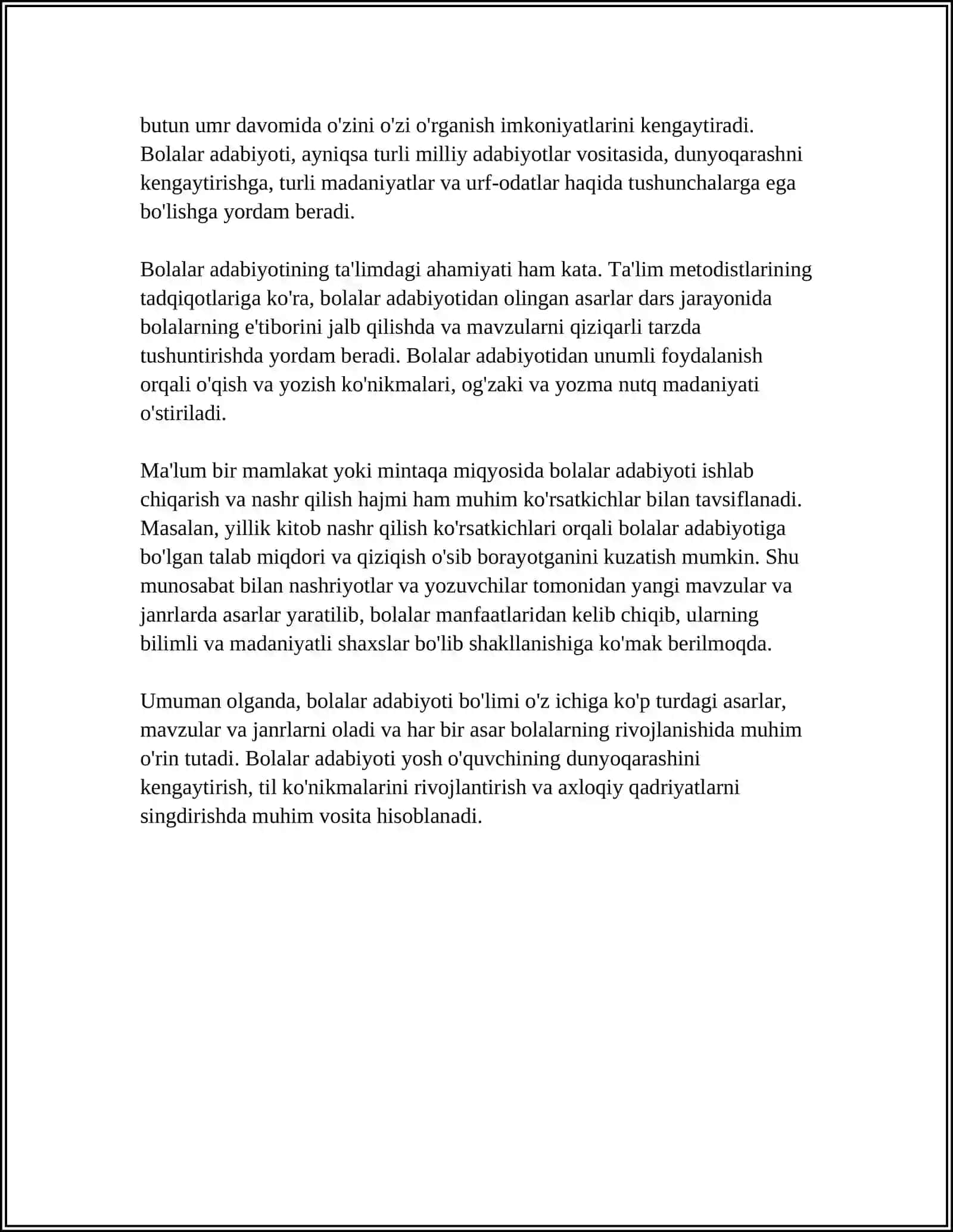 BOLALAR ADABIYOTI FANINING MAQSAD VA VAZIFALARI. O'ZBEK BOLALAR ADABIYOTI ISTILOHI VA UNING PAYDO BO'LISHI 4