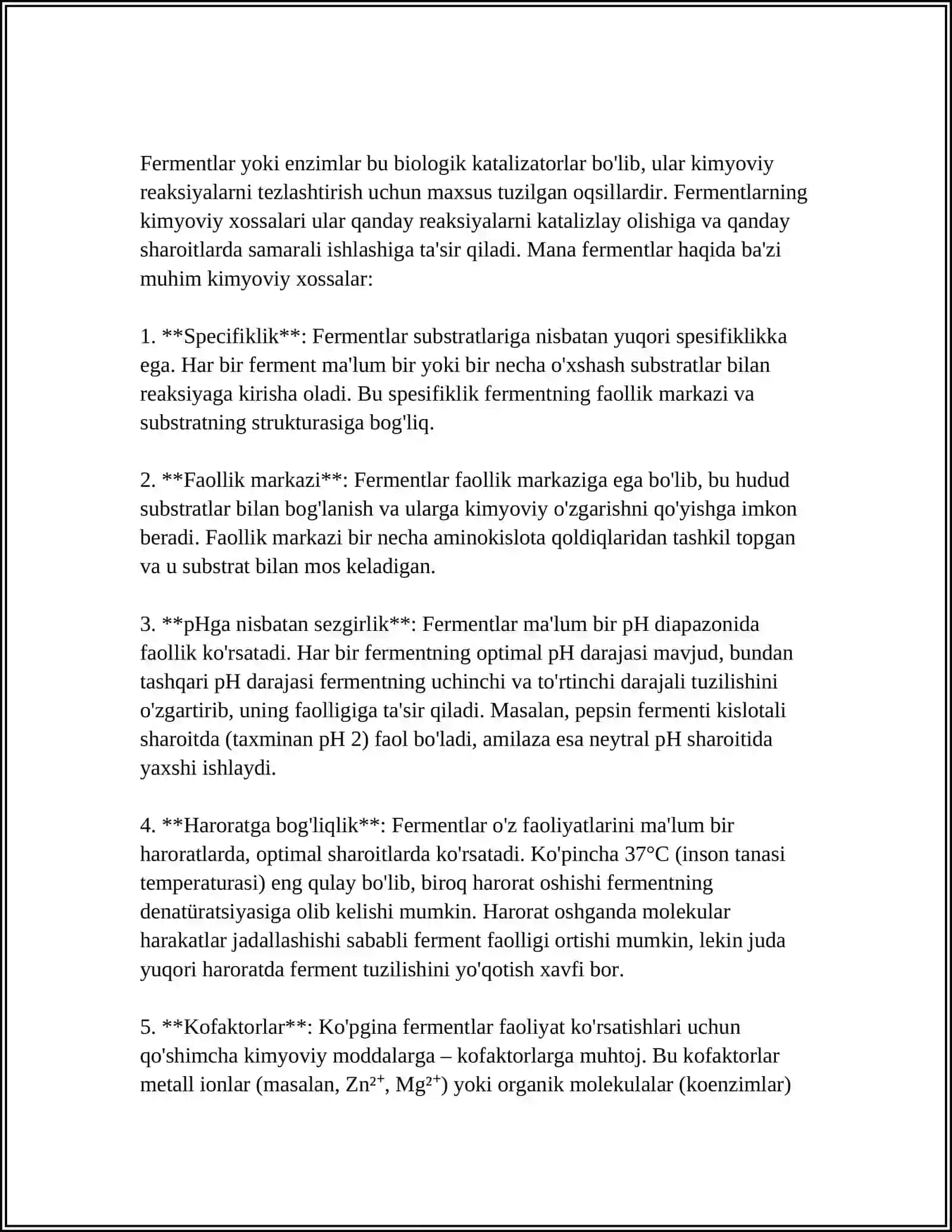 FERMENTLARNING TUZILISHI XOSSALARI VA VAZIFALARI 4