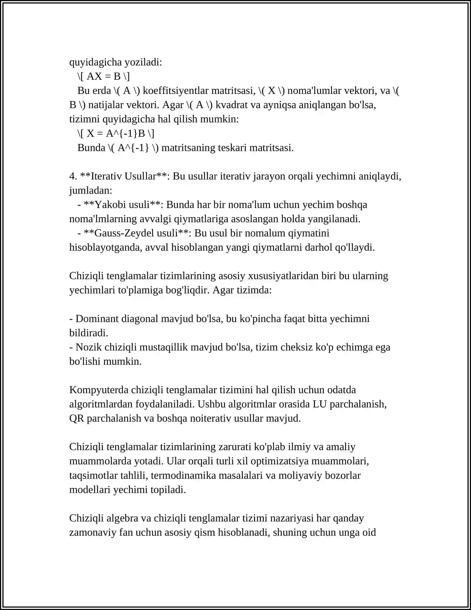 CHIZIQLI TENGLAMALAR SISTEMASI VA ULARNI KRAMEL.GAUSS USULLARI YORDAMIDA YECHISH 4