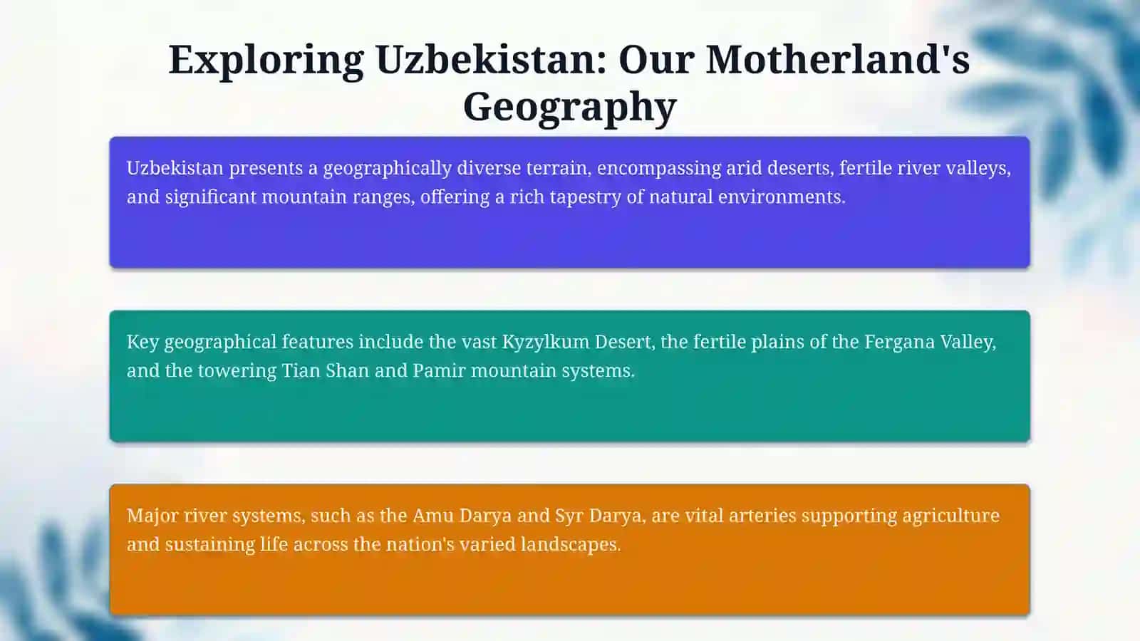 Welcome to Uzbekistan. Geographical terms. Talking about motherland 4