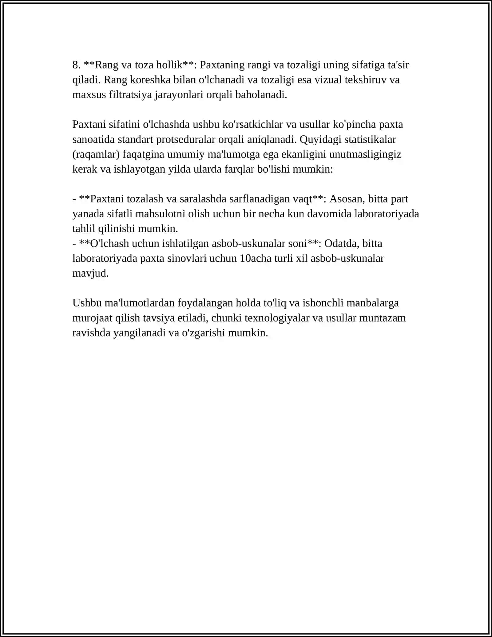 PAXTANI SIFAT KO'RSATGICHLARINI ANIQLASH 4