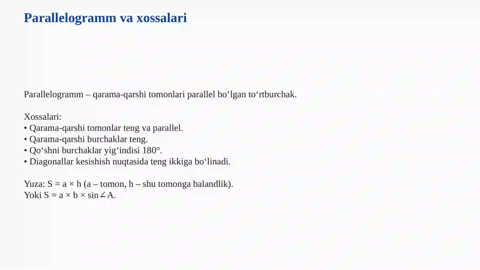 TO‘RTBURCHAKLAR, KO‘PBURCHAKLAR VA ULARNING YUZALARI 4