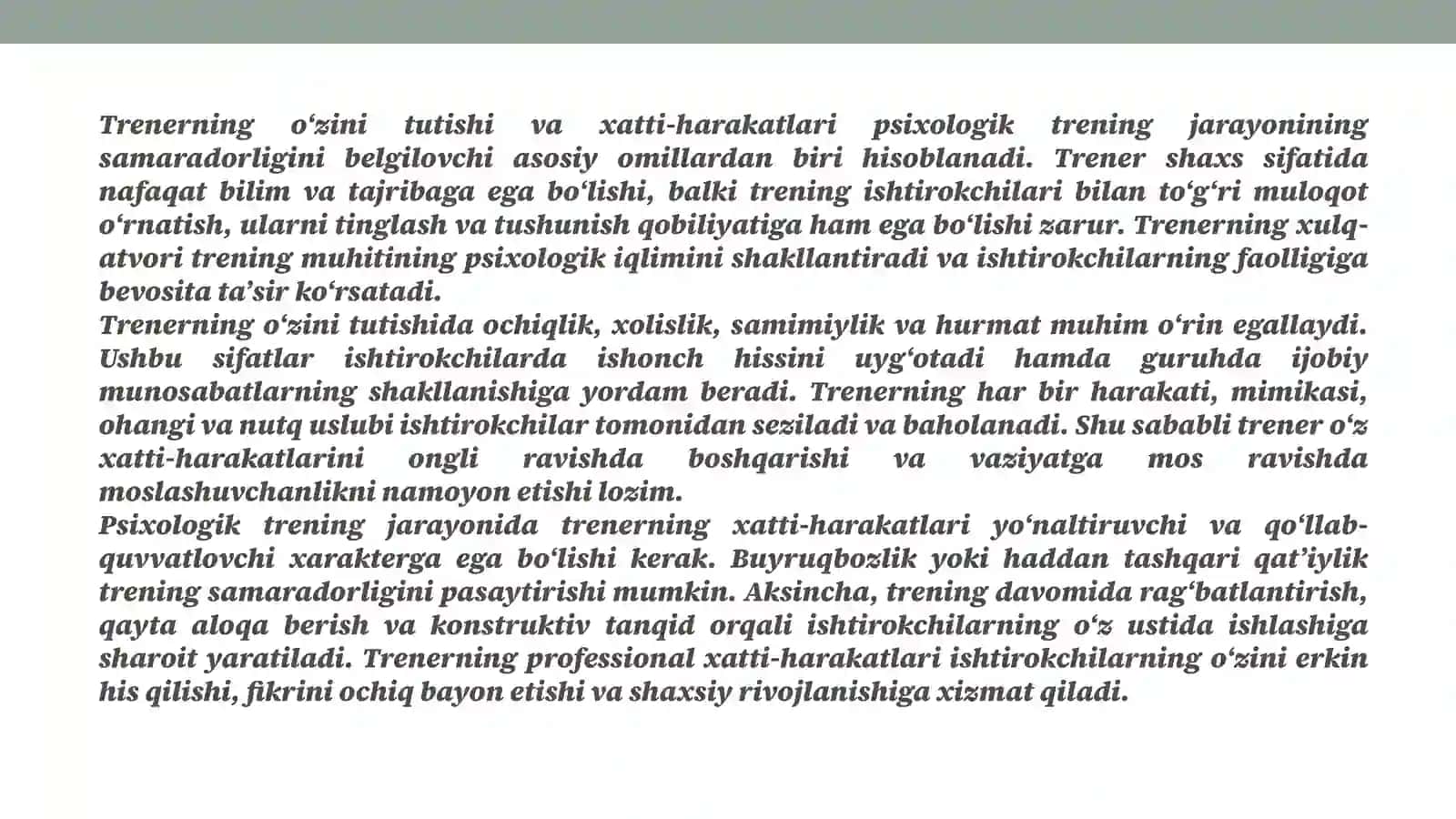 TRENERNING O’ZINI TUTISHI, XATTI-HARAKATLARI 4