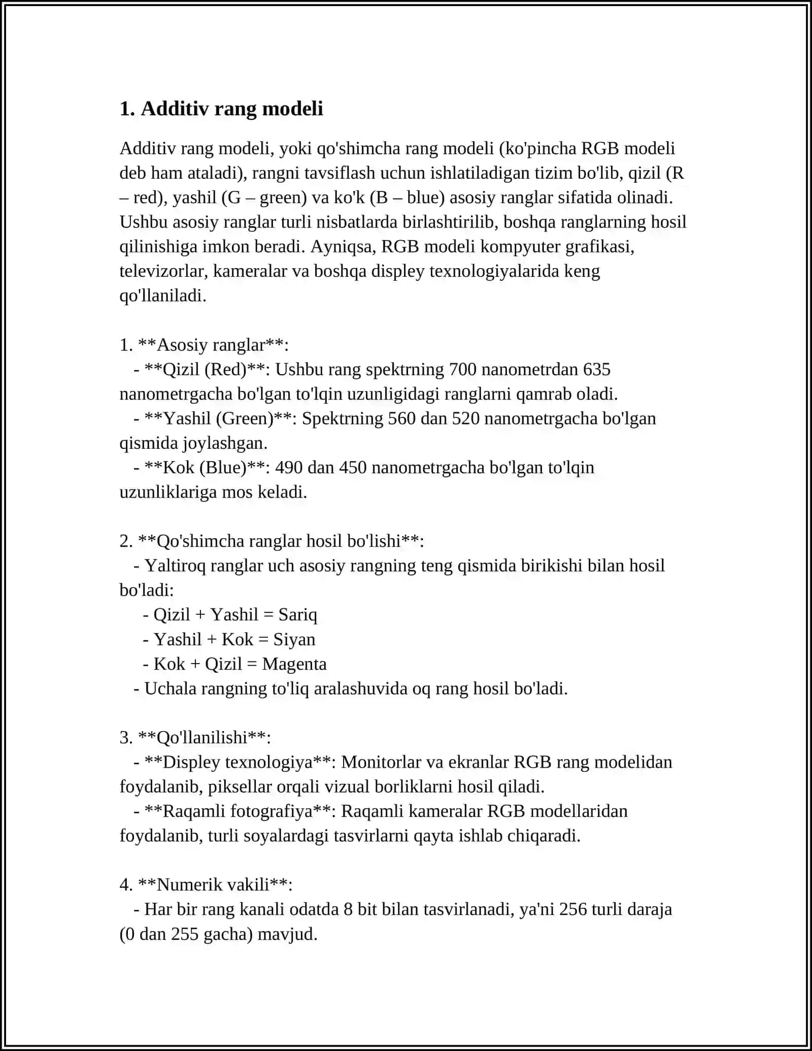 RANG MODELLARI.(ADDITIV, SUBTRAKTIV, PERSEPSION, RGB, CMY, CMYK, HSV) 4