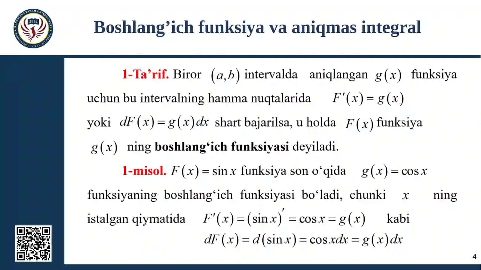 Boshlang’ich funksiya va aniqmas integral 4