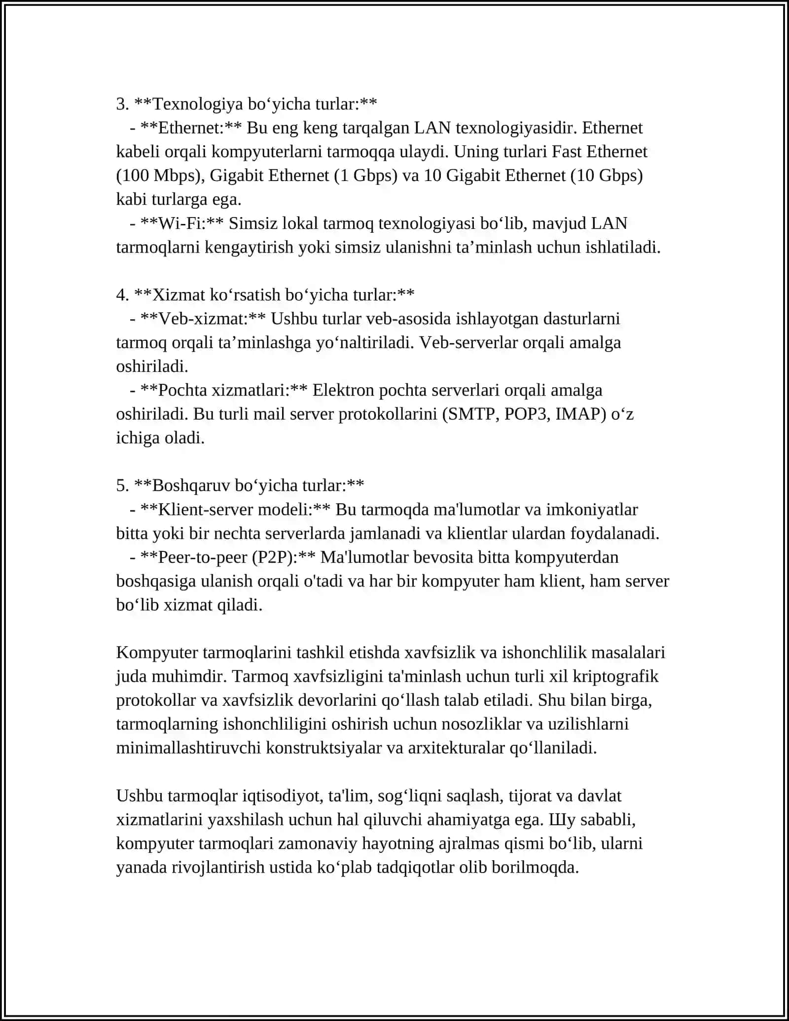 KOMPYUTER TARMOQLARI, UNING ASOSIY TUSHUNCHALARI VA TURLARI 4