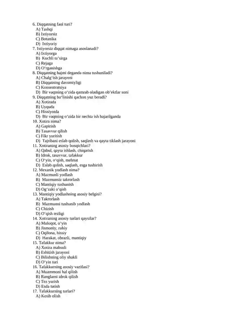 Psixologiya fani test savollari 4