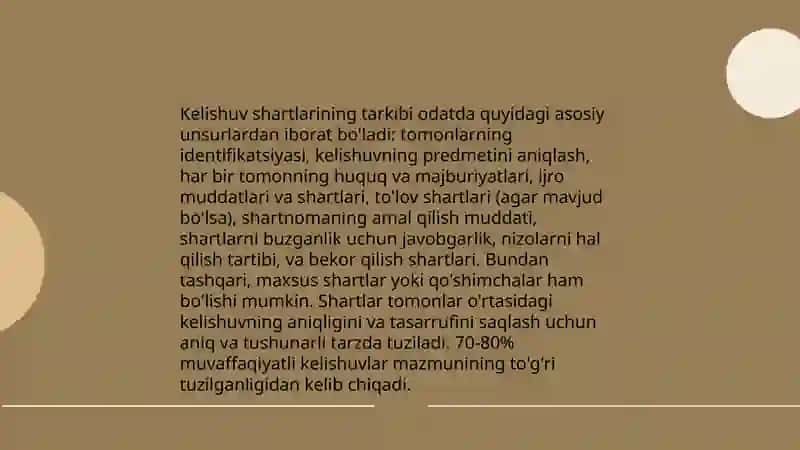 Kelishuv shartlari.shartnomalarning turlari tarkibi turlari 4