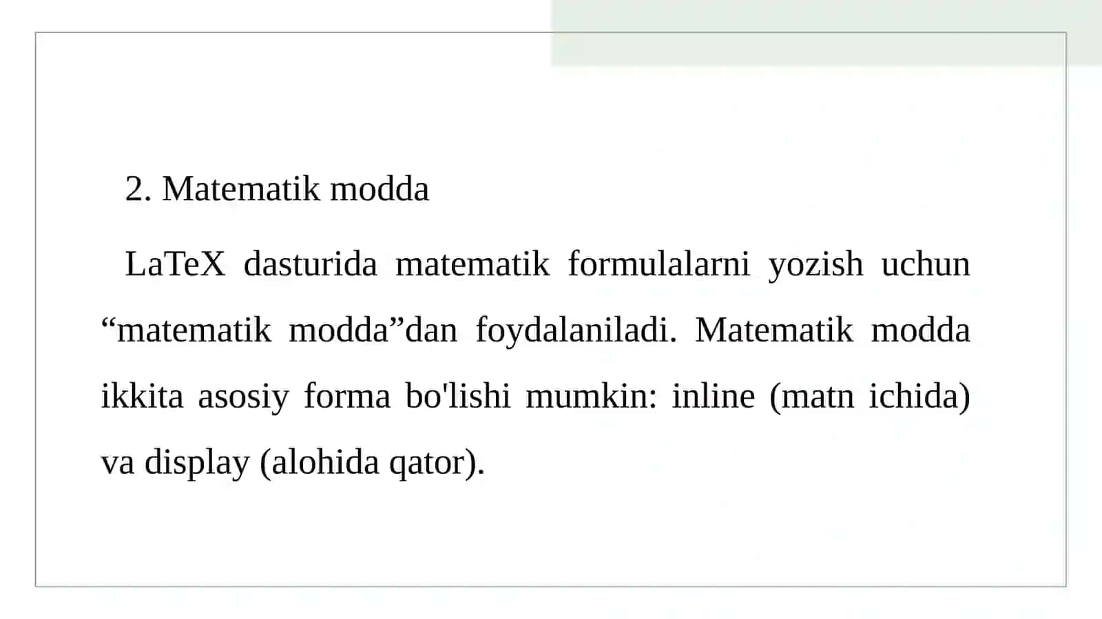 LaTeX dasturida matematik formulalar bilan ishlash 4