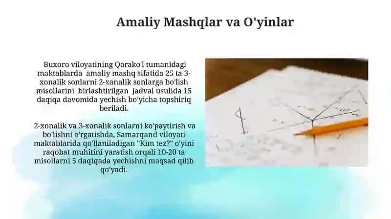 Matematika 2 xonali va 3 xonali sonlarni koʻpaytirish va boʻlish metodikasi 4