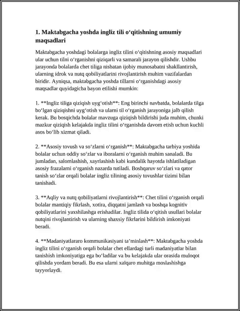 MAKTABGACHA TA’LIMDA INGLIZ TILI O'QITISHNING MAQSAD VA VAZIFALARI 4