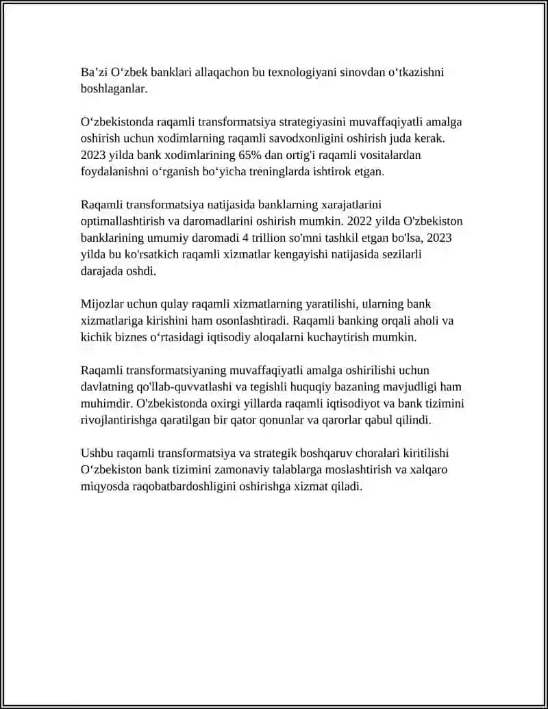 MUSTAQIL ISH Mavzu: BANK TIZIMIDA RAQAMLI TRANSFORMATSIYA 4