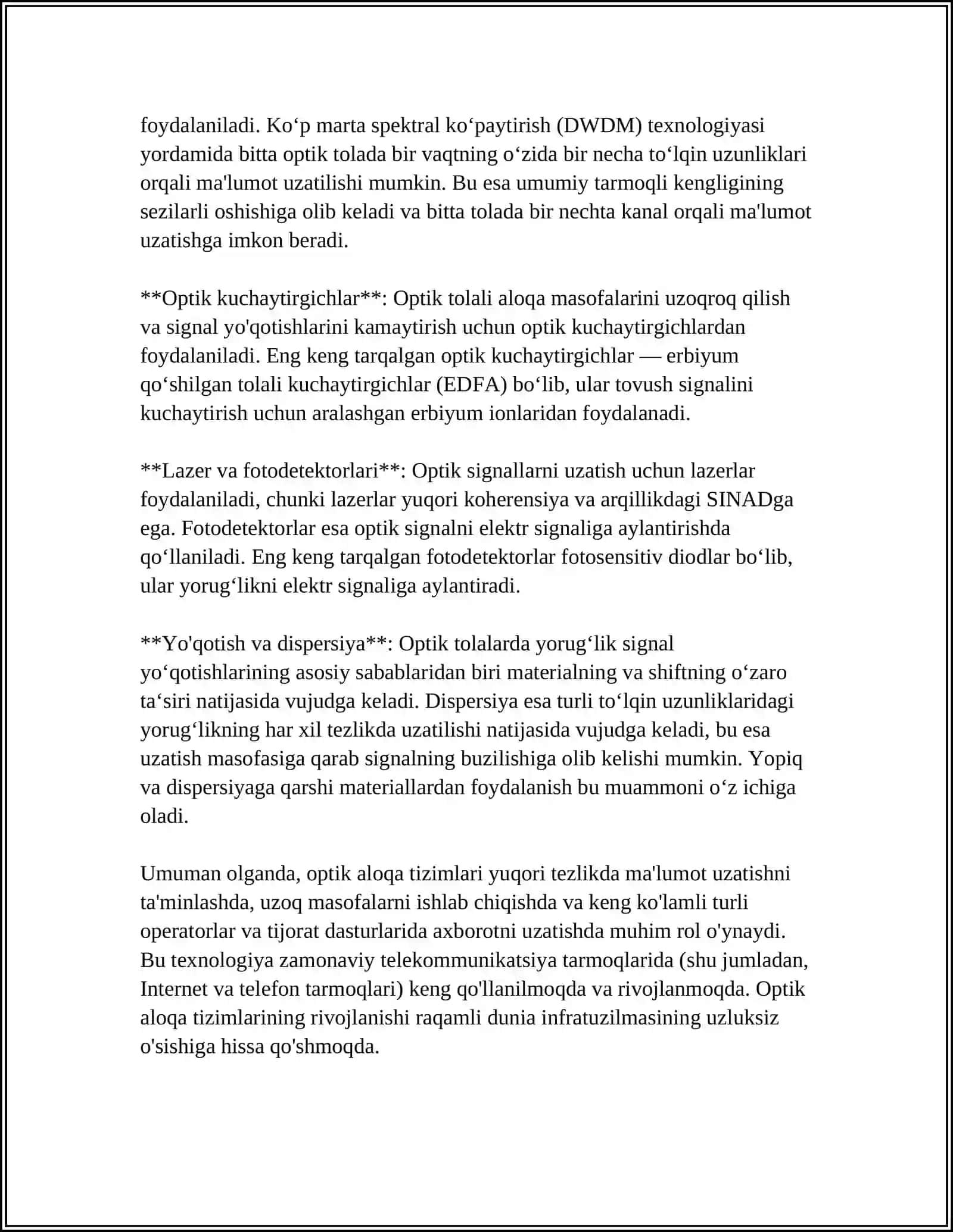 OPTIK ALOQA TIZIMLARINING TUZILISHI VA TASNIFLARI 4