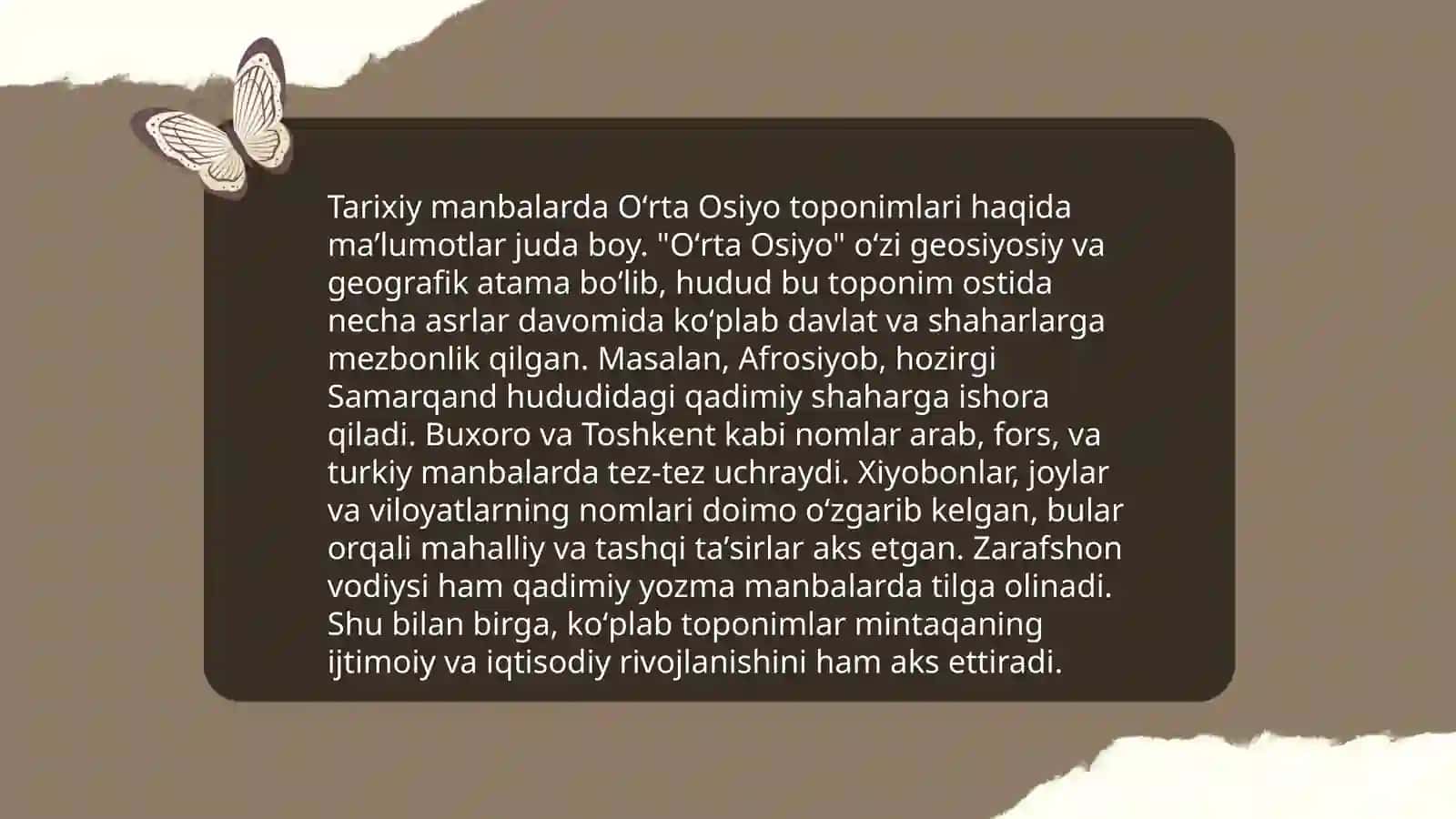 Oʻrta Osiyo joy nomlari tarixidan asari tahlili 4