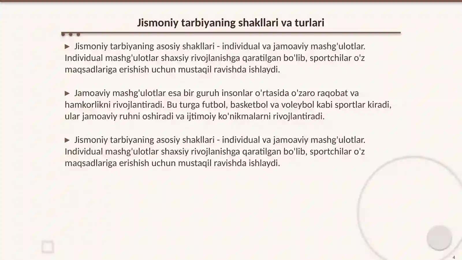 Jismoniy tarbiyaning qanday shakllari mavjud 4