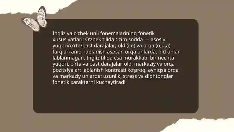 Ingliz va o'zbek unli fonemalari 4
