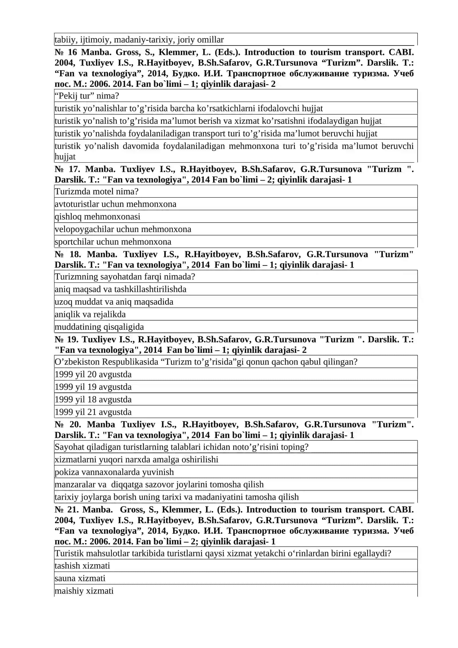 Turizmda TRANSPORT XIZMATLARI fanidan test topshiriqlari 4