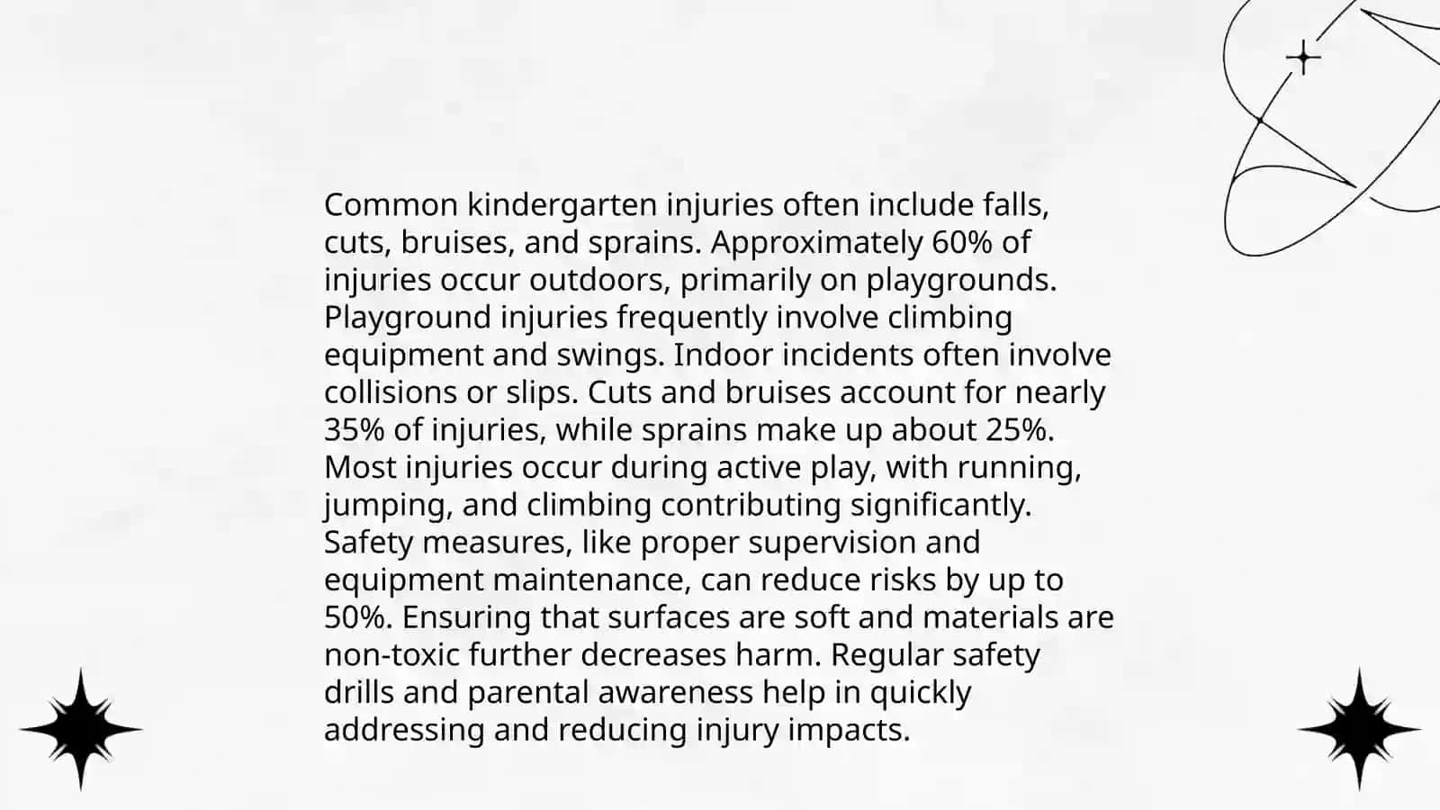 Make a report of a doctor writing the emergency case happened in one of following areas: kindergaden. Provide the details, degrees and types of injuries. Propose possible treatment 4