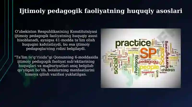 Ijtimoiy pedagogning kasbiy faoliyati o'rni 4