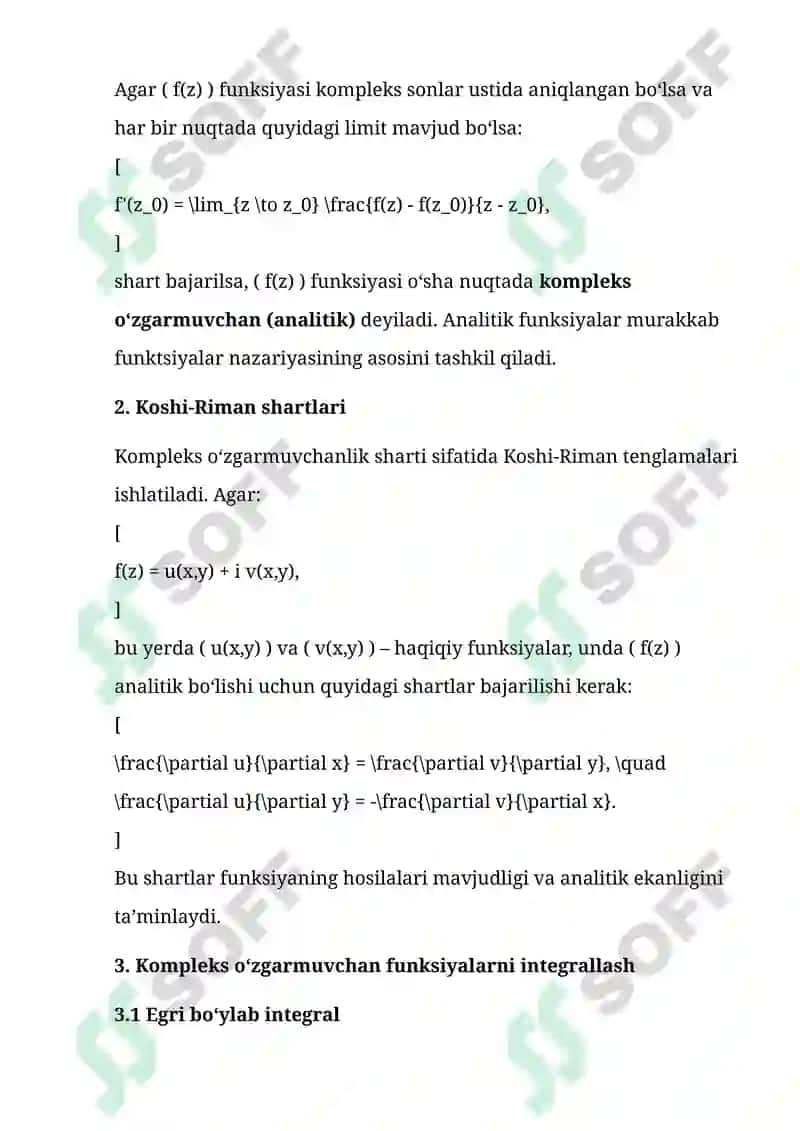 KOMPLEKS O‘ZGARMUVCHAN FUNKSIYALAR, ULARNING INTEGRALLARI VA KOSHI TEOREMASI 4