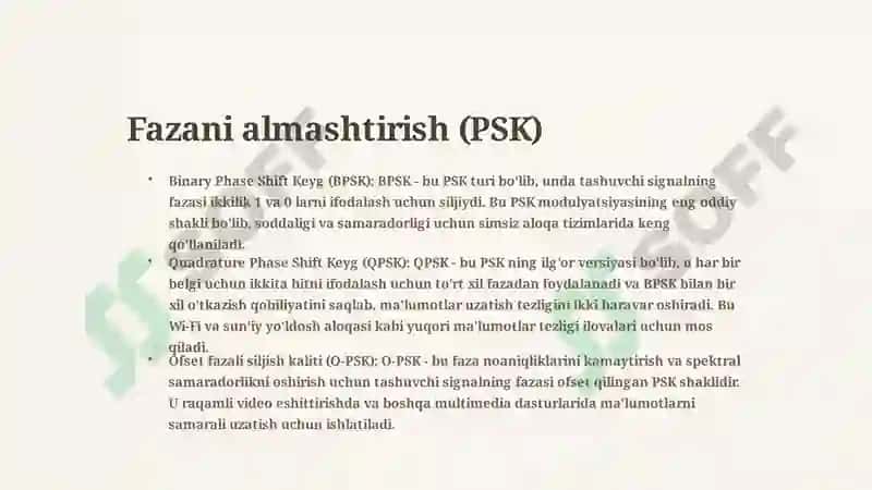 Simsiz aloqa tizimlarida ishlatiladigan raqamli modulyatsiya 4