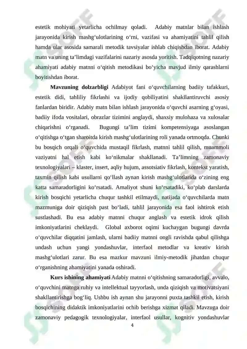 Adabiy matnlar bilan ishlashda kirish mashg‘ulotlarining oʻrni 4