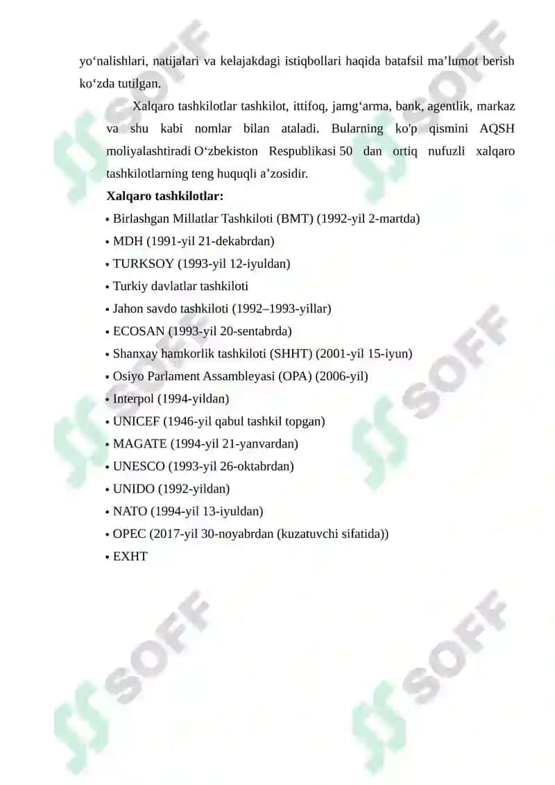 O'ZBEKISTONNING XALQARO TASHKILOTLAR BILAN ALOQALARI 4