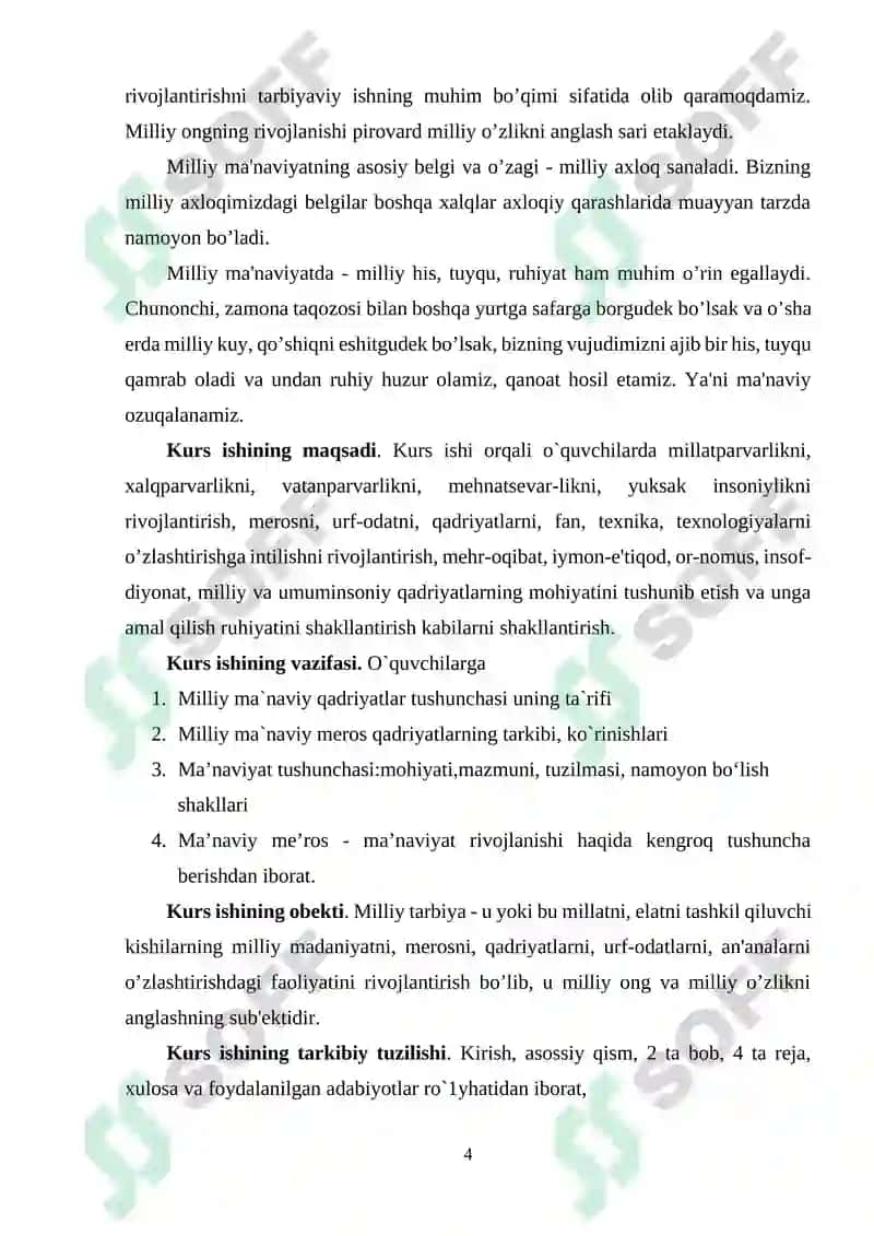 Kurs ishi: MA`NAVIYAT VA MILLIY G`OYA 4
