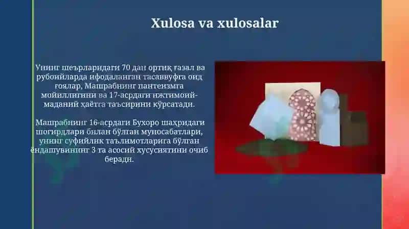 Mashrabning falsafiy qarashlari.Mashrab va tasavvuf 4