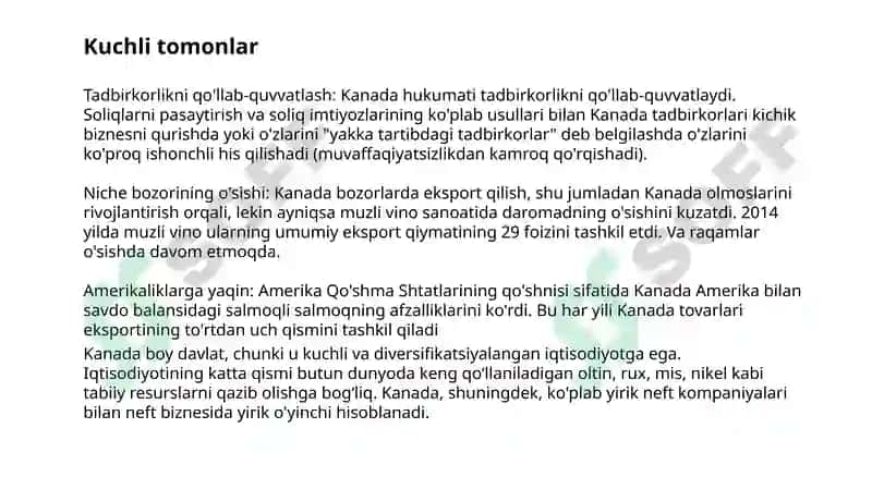 Kanada davlatining iqtisodiy holati S.W.O.T. tahlili 4