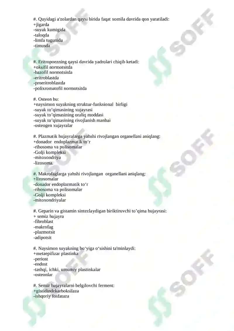 GISTOLOGIYA, SITOLOGIYA, EMBRIOLOGIYA FANIDAN SINOV TEST SAVOLLARI TO’PLAMI 4