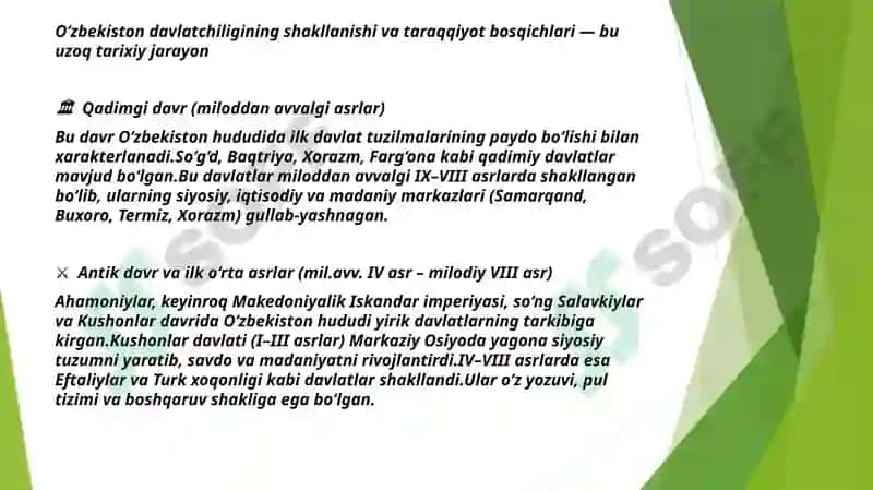 Oʻzbekiston zamonaviy davlatchiligi xususiyatlarini nimada ko’rasiz 4