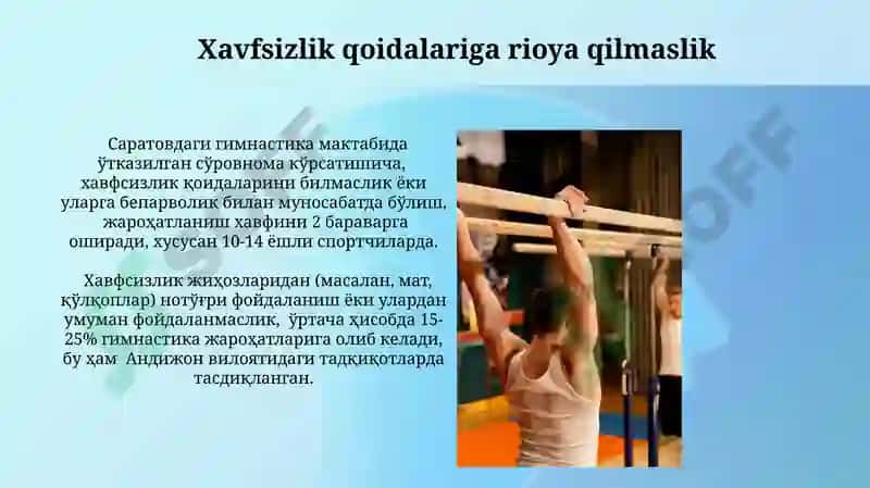 Gimnastika mashgʻulotida jarohatlanishning sabablari 4