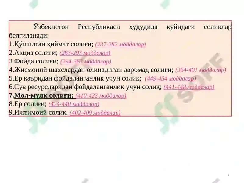 Юридик шахсларнинг мол-мулкига солинадиган солиқ 4