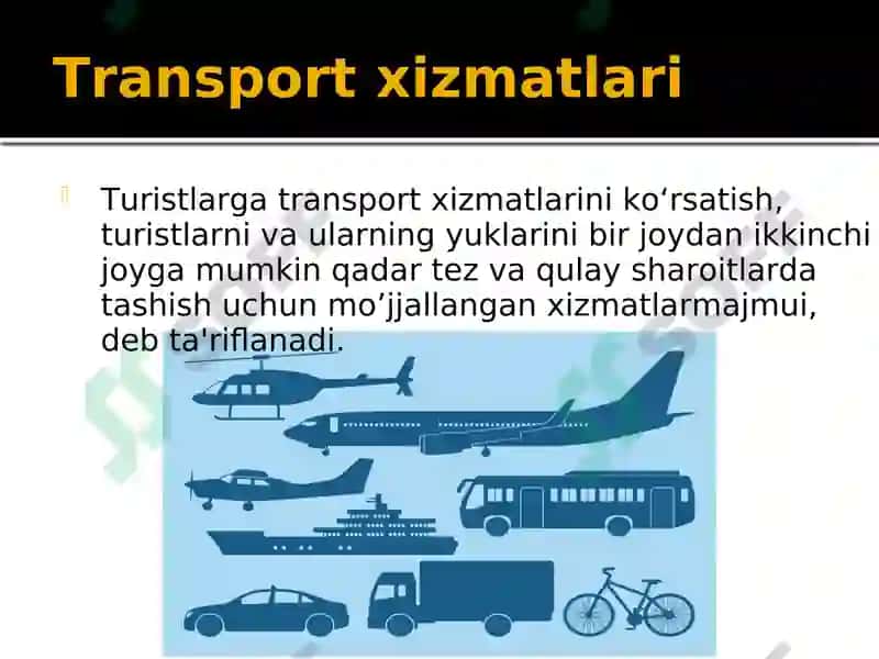 Turizm sohasida transportda tashish turlari va ularning tasniflanishi 4