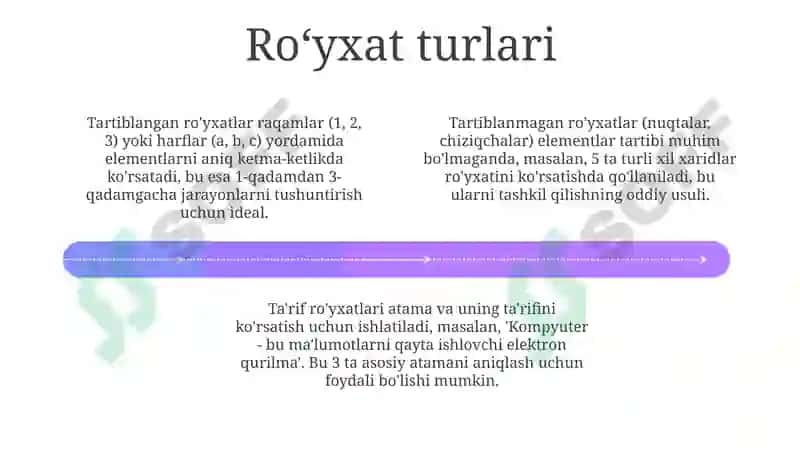 Roʻyxatlar bilan tanishuv va ularning turlari 4