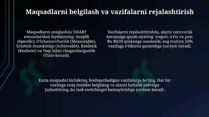 Mustaqil o'rganish uchun haftalik chek list 4