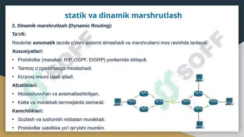 Marshrutlash: statik va dinamik marshrutlash usullari, marshrutlash jadvali. 4