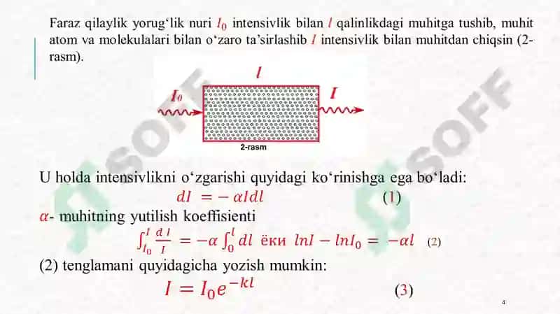 Yorug‘likning yutilishi. Buger-Lambert-Berqonuni 4