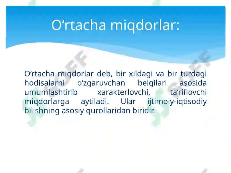 Statistik ko‘rsatkichlar. O‘rtacha miqdorlar. Variatsiya ko‘rsatkichlari 4