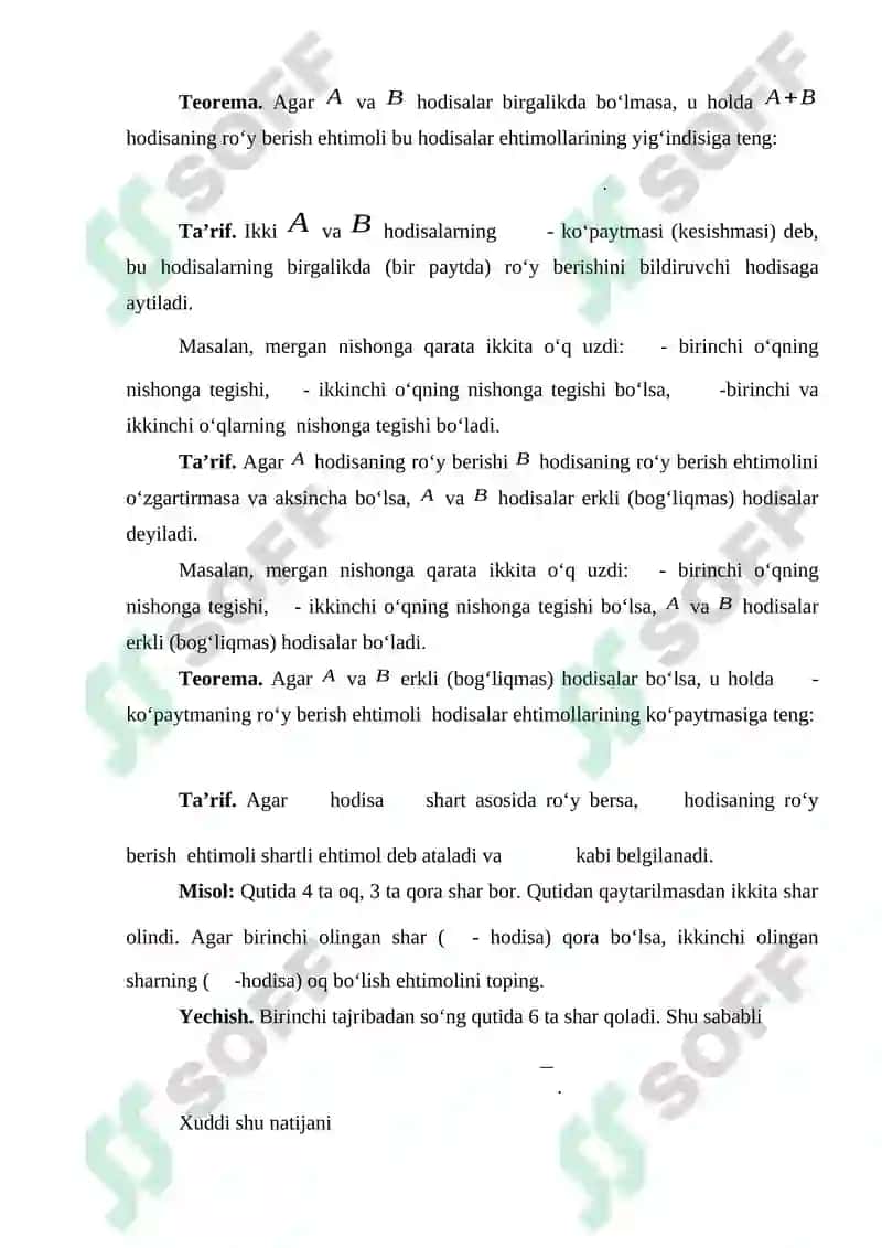 Ehtimollarni qo‘shish va ko‘paytirish teoremalari 4