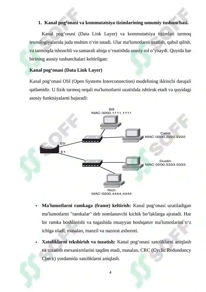 Kanal pog‘onasining protokollari (Frame Relay, ATM, Ethernet). Kommutatorning funksional modeli, turlari va MAC-jadvalning ishlash tamoyillari 4