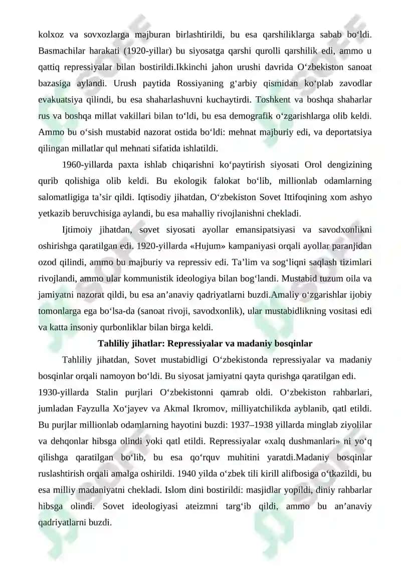 O‘zbekiston Mustabid Sovet Davlati Tarkibida Tezis 4