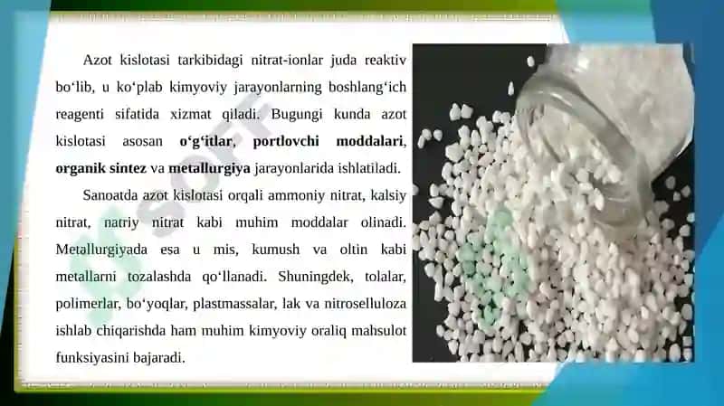 Azot kislota, o'g'it, organik va neftdan kimyoviy sintez mahsulotlarini ishlab chiqarish 4