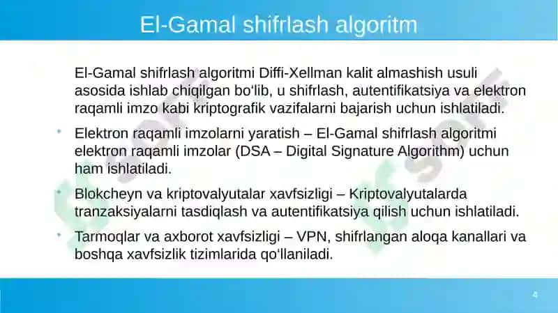 El-Gamal shifrlash algoritmi 4
