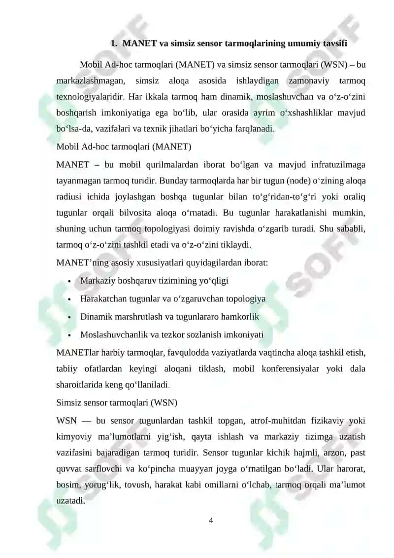 Mobil Ad-hoc tarmoqlari (MANET). Simsiz sensor tarmoqlari uchun protokollar 4