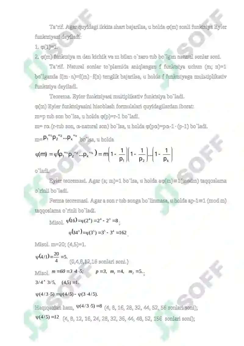 Multiplikativ funksiyalar. Eyler va Ferma teoremalari 4
