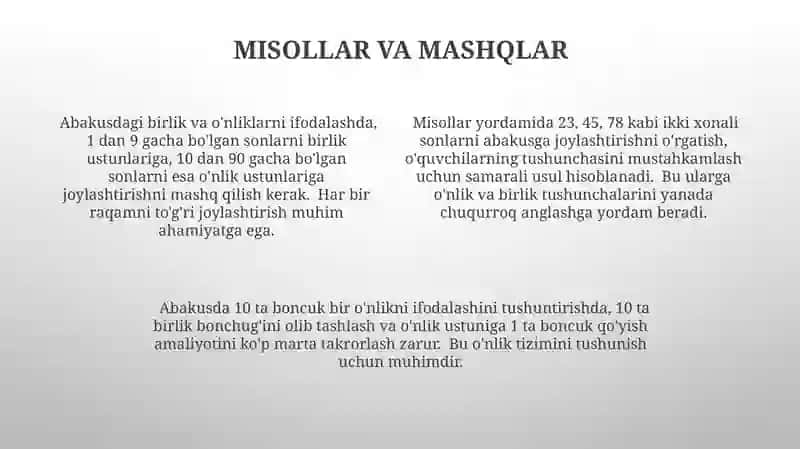 Abakusda birliklar va o'nliklarni ifodalash 4