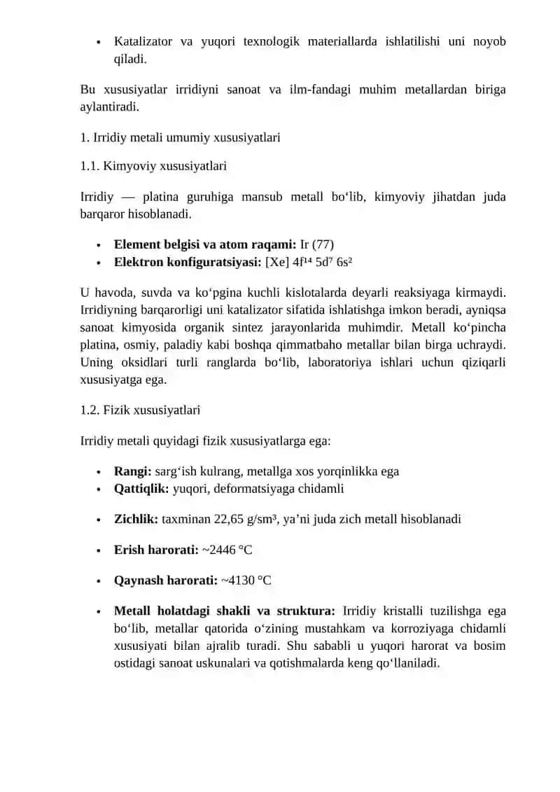 Irridiy metalli haqida umumiy ma’lumot 4
