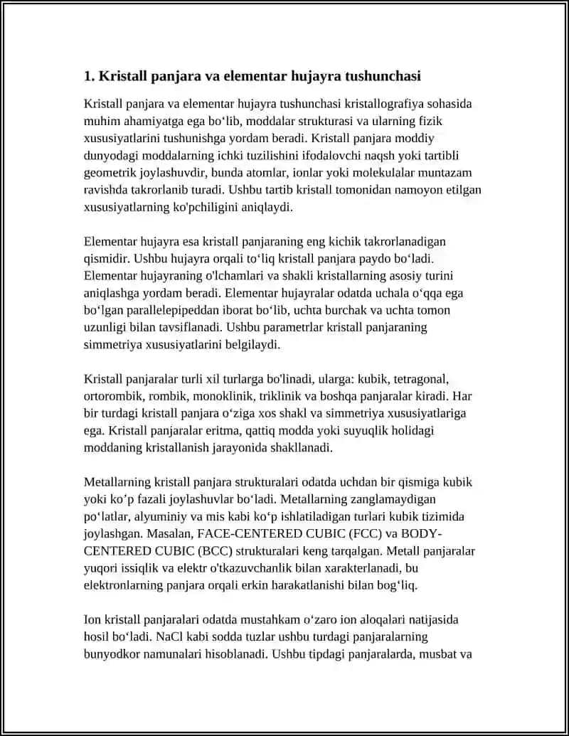 KRISTALL PANJARA TURLARI. METALL, ION, MOLEKULYAR BIRIKMALARNING TUZILISHI 4